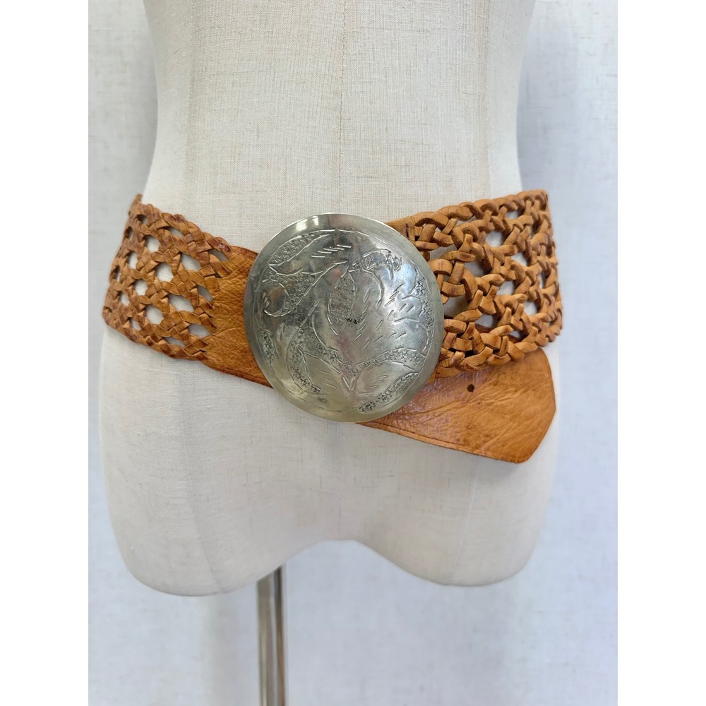 Woven Leather Waist Belt with Silver Medallion Buckle - Tan